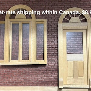 DIY LOT of 2 Circle Head Style. 1 Double wooden window and 1 Door. Vintage item 1/12. For dollhouses. Houseworks. Lot-5049, 6015.