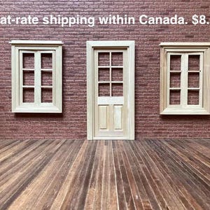 DIY Antique-style door and window Set, made of unpainted wood. 1:12 scale for dollhouses. 15703-19603