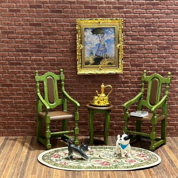 Beautiful Boudoir set. Set of 9 items. 2 armchairs and 1 small antique-style wooden table, painted and aged by hand, green & brown.11009 Set