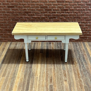 Very pretty antique style white lacquered table and 2 chairs set with natural lacquered wooden table top. Turned legs 2 drawers. 12103,12506
