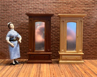 Wardrobe w/mirror, miniature furniture. 1/12 scale for dollhouse. Available in two colors. 23502-25107.