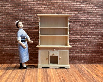 DIY Beautiful unpainted wooden sideboard, open top, bottom with 2 functional doors, 2 functional drawers. 1/12 scale for dollhouses. 20404.