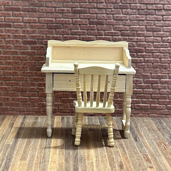Old style secretary and chair set. 1/12 Scale in unpainted wood. With turned legs and drawer, chair with round bars, turned legs.11501,11502