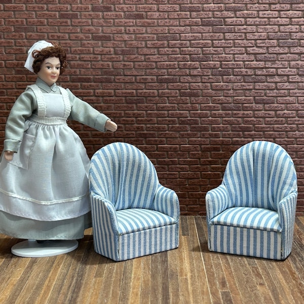 Decorative small upholstered side chair antique style Blue/white Navy Stripe. 1/12 scale for Dolls House 11010.