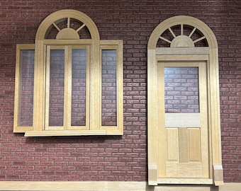DIY LOT of 2 Circle Head Style. 1 Double wooden window and 1 Door. Vintage item 1/12. For dollhouses. Houseworks. Lot-5049, 6015.