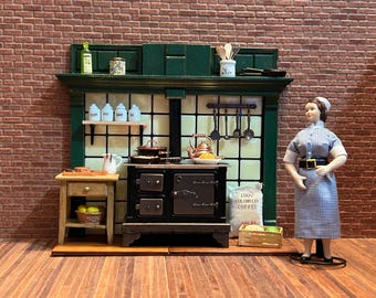 Wood-burning stove diorama set and accessories. 1/12 scale for dollhouses.