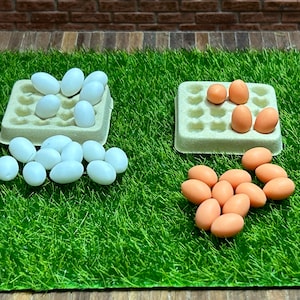 Peut inclure: Deux cartons d'œufs, l'un avec des œufs blancs et l'autre avec des œufs bruns, sur une surface d'herbe verte.