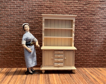 Beautiful unpainted wooden sideboard, open top, bottom with 2doors and 4 functional drawers, turned legs. 1/12 scale for dollhouses. 24807.