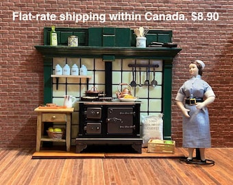 Wood-burning stove diorama set and accessories. 1/12 scale for dollhouses.