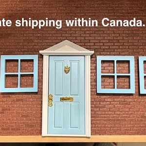 DIY LOT of 4 Door and Windows set. White and blue colors. With hardware installed, handle, letter hatch and door knocker. Lot- 12019, 12018.