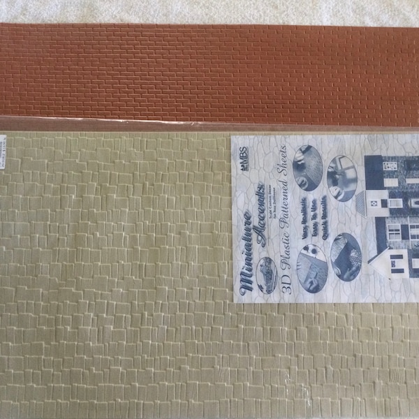 Plastic Patterned Sheet, Strong Brick, Cedar Roof. Vintage item 1/12. Model Builders Supply. 12RB, WSRS-12.