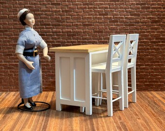 3-piece kitchen set furniture, in white lacquered wood with a natural varnished top. 1:12 scale for dollhouses. 23407.