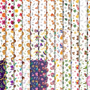 May include: A selection of patterned digital papers with diverse designs. Patterns include floral, animal, and festive themes. The papers display bright colours and detailed illustrations, ideal for crafts and digital projects.