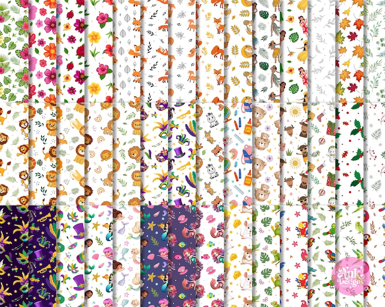 May include: A selection of patterned digital papers with diverse designs. Patterns include floral, animal, and festive themes. The papers display bright colours and detailed illustrations, ideal for crafts and digital projects.