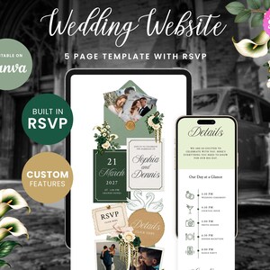 Emerald & Cream Old Money Wedding Website with RSVP Function: Editable Canva Template (Digital Download)