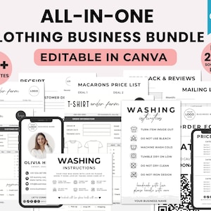 Puede incluir: Un paquete de negocios de ropa en blanco y negro con el texto "ALL-IN-ONE CLOTHING BUSINESS BUNDLE" y "EDITABLE IN CANVA". Incluye plantillas, iconos de redes sociales, formularios de pedido e instrucciones de lavado. Un tel&eacute;fono muestra la foto de una mujer.