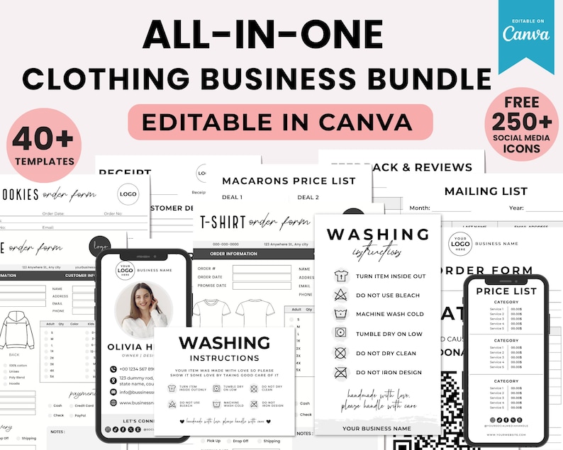 Puede incluir: Un paquete de negocios de ropa en blanco y negro con el texto "ALL-IN-ONE CLOTHING BUSINESS BUNDLE" y "EDITABLE IN CANVA". Incluye plantillas, iconos de redes sociales, formularios de pedido e instrucciones de lavado. Un tel&eacute;fono muestra la foto de una mujer.