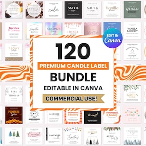Może przedstawiać: Zestaw 120 wysokiej jakości etykiet na świece z różnymi wzorami i zapachami, w tym "Peony", "Honey" i "Coconut". Etykiety można edytować w Canva i do użytku komercyjnego. Obraz ma pomarańczowo-białe faliste tło.