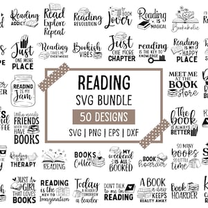Può includere: Una collezione di 50 design SVG a tema lettura in bianco e nero. I design includono citazioni su libri e lettura. Le parole "Reading SVG Bundle" e "50 Designs" sono anche visualizzate.