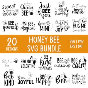 Puede incluir: Un conjunto de 20 diseños SVG con temática de abejas. Cada diseño presenta una abeja con frases como "Bee Mine" y "Bee Happy". El paquete incluye formatos SVG, PNG, EPS y DXF.