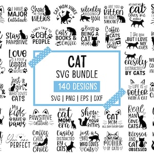 Könnte beinhalten: Eine Sammlung von 140 Katzen-SVG-Designs mit Sätzen wie "Cat Life", "Crazy Cat Lady" und "I Love Cats". Die Designs sind in den Formaten SVG, PNG, EPS und DXF verfügbar. Das Bild zeigt verschiedene Katzensilhouetten und Text.