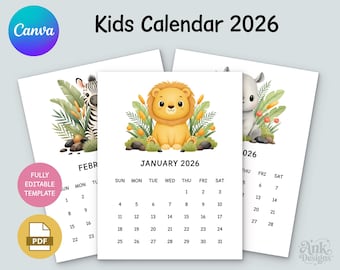 Calendario imprimible 2026 para niños: Calendario de educación en casa con temática de animales, plantilla editable