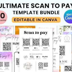 May include: A bundle of 40 "Scan to Pay" templates, editable in Canva. The design features various QR codes for payment apps like Venmo, Pay, and PayPal, with options for customization. The templates are in various colors.
