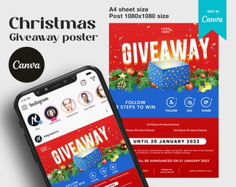 Attractive Christmas Giveaway Post Template | Giveaway Poster A4 Size and Social Media Post Size | Giveaway Sale Flyer | Giveaway Sale