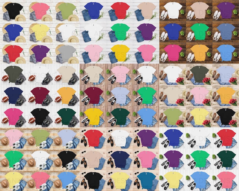 K&ouml;nnte beinhalten: Eine Sammlung verschiedenfarbiger T-Shirts, jeweils kombiniert mit Jeansshorts, Schuhen und einem Strohhut. Die Shirts sind in einer Vielzahl von Farben erh&auml;ltlich, darunter Schwarz, Rosa, Blau und Gr&uuml;n. Die Artikel sind auf einer Holzoberfl&auml;che angeordnet.