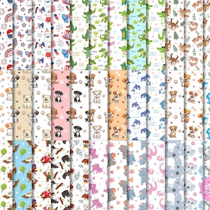 May include: A selection of digital paper patterns. Designs include fireworks, alligators, deer, puppies, dolphins, eagles, elephants, and floral patterns. The colour scheme features red, blue, green, pink, and neutral tones.