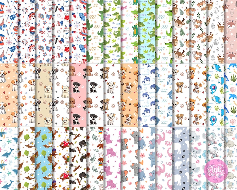 May include: A selection of digital paper patterns. Designs include fireworks, alligators, deer, puppies, dolphins, eagles, elephants, and floral patterns. The colour scheme features red, blue, green, pink, and neutral tones.