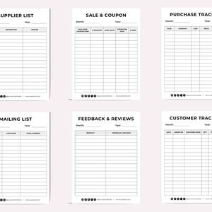 Puede incluir: Seis hojas de planificador imprimibles en blanco con texto negro. Las hojas incluyen una lista de proveedores, un rastreador de ventas y cupones, un rastreador de compras, una lista de correo, comentarios y rese&ntilde;as y un rastreador de clientes.