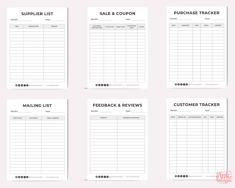 Puede incluir: Seis hojas de planificador imprimibles en blanco con texto negro. Las hojas incluyen una lista de proveedores, un rastreador de ventas y cupones, un rastreador de compras, una lista de correo, comentarios y rese&ntilde;as y un rastreador de clientes.