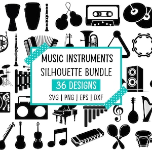 Puede incluir: Colección de siluetas negras de instrumentos musicales, incluyendo guitarras, tambores, un saxofón y un piano. La imagen presenta el texto "MUSIC INSTRUMENTS SILHOUETTE BUNDLE 36 DESIGNS" en un cuadro blanco con borde turquesa. Ideal para proyectos musicales.