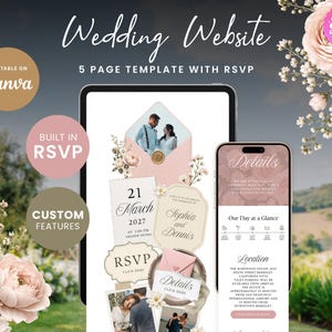 Olive Blush Champagne Wedding Website with RSVP Function: Editable Canva Template (Digital Download)