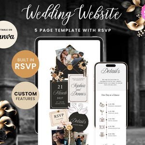 Black & Champagne Minimalist Wedding Website with RSVP Function: Editable Canva Template (Digital Download)