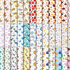 May include: A selection of patterned papers with diverse designs. The patterns include cartoon animals, flowers, marine life, and school items. The papers are arranged in rows and columns, displaying a range of themes and styles.
