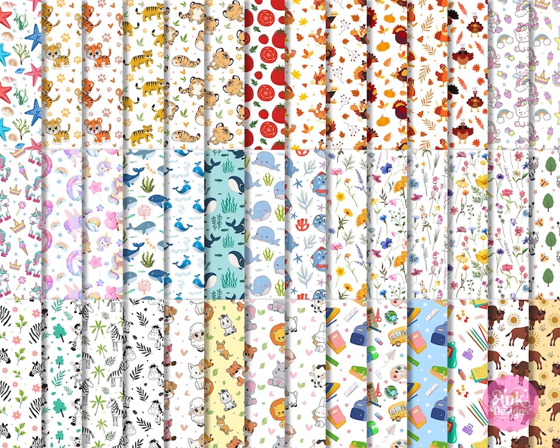 May include: A selection of patterned papers with diverse designs. The patterns include cartoon animals, flowers, marine life, and school items. The papers are arranged in rows and columns, displaying a range of themes and styles.