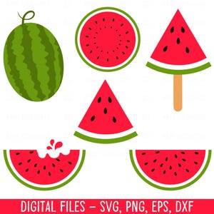 May include: A collection of watermelon illustrations in various forms: a whole watermelon, a cross-section, watermelon slices, and a watermelon popsicle. The watermelons are red with black seeds and green rinds. The text "DIGITAL FILES - SVG, PNG, EPS, DXF" is at the bottom.
