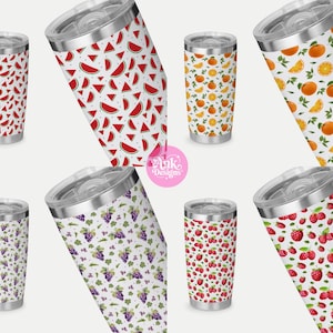 May include: A collection of stainless steel insulated tumblers with various fruit patterns. Designs include watermelon slices, oranges, grapes, raspberries, and strawberries. Each tumbler has a silver lid and a white background.