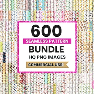 May include: A display of 600 seamless pattern designs in a variety of colours and styles. The patterns are arranged in a grid, with a central rectangular graphic that reads "600 SEAMLESS PATTERN BUNDLE HQ PNG IMAGES COMMERCIAL USE!"