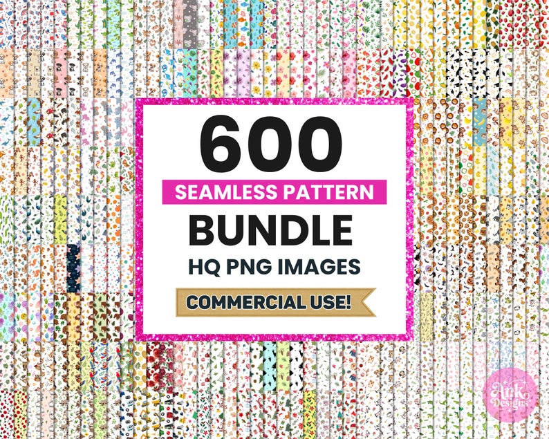 May include: A display of 600 seamless pattern designs in a variety of colours and styles. The patterns are arranged in a grid, with a central rectangular graphic that reads "600 SEAMLESS PATTERN BUNDLE HQ PNG IMAGES COMMERCIAL USE!"