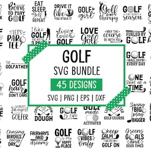Puede incluir: Una colección digital de 45 diseños gráficos en blanco y negro con temática de golf, que incluyen diversas tipografías e ilustraciones de pelotas, palos y carritos de golf. El texto central dice GOLF SVG BUNDLE 45 DESIGNS con etiquetas SVG, PNG, EPS, DXF.