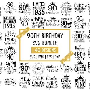 May include: A set of 40 SVG designs for a 90th birthday, with phrases and graphics. The designs include crowns, stars, and celebratory text in black and white. The bundle is presented in a gold-bordered rectangle with the text "90th Birthday SVG Bundle".