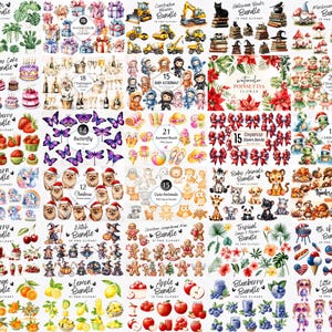 Pode incluir: Uma cole&ccedil;&atilde;o de pacotes de clip art digitais com v&aacute;rios temas. Os pacotes incluem plantas, presentes, ve&iacute;culos de constru&ccedil;&atilde;o, bolos de anivers&aacute;rio, champanhe, beb&ecirc;s astronautas, borboletas, morangos, unic&oacute;rnios, Natal, cerejas, animais fofos, laranjas, lim&otilde;es, ma&ccedil;&atilde;s, mirtilos e meninas.
