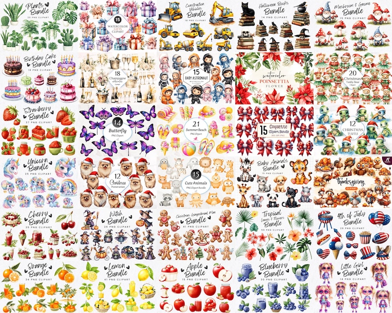 Pode incluir: Uma cole&ccedil;&atilde;o de pacotes de clip art digitais com v&aacute;rios temas. Os pacotes incluem plantas, presentes, ve&iacute;culos de constru&ccedil;&atilde;o, bolos de anivers&aacute;rio, champanhe, beb&ecirc;s astronautas, borboletas, morangos, unic&oacute;rnios, Natal, cerejas, animais fofos, laranjas, lim&otilde;es, ma&ccedil;&atilde;s, mirtilos e meninas.