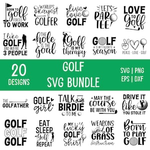 Op de afbeelding: Een bundel van 20 golf-thema SVG-ontwerpen in zwart en wit. Tekst bevat zinnen als "Golf is my therapy" en "Born to Play Golf". Beschikbaar in SVG-, PNG-, EPS- en DXF-formaten.