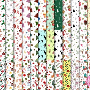 May include: A selection of Christmas-themed digital papers featuring festive patterns. Designs include Santa Claus, Christmas trees, baubles, and snowflakes in red, green, and white. Suitable for holiday crafts and digital projects.