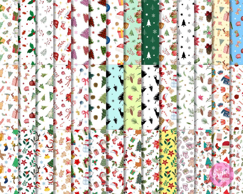 May include: A selection of Christmas-themed digital papers featuring festive patterns. Designs include Santa Claus, Christmas trees, baubles, and snowflakes in red, green, and white. Suitable for holiday crafts and digital projects.