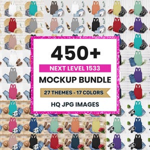 Puede incluir: Imagen de un paquete de maquetas con varios tops sin mangas de diferentes colores, dispuestos con pantalones cortos de mezclilla, sombreros y accesorios. La imagen incluye el texto "450+ Mockup Bundle" con detalles sobre temas y colores.